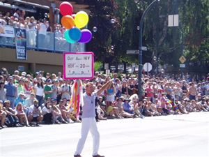 Bradford McIntyre is OUT ABOUT HIV, HIV+ FOR 20 Years, in the Vancouver Pride Parade. 2004. Photo Credit: Deni Daviau