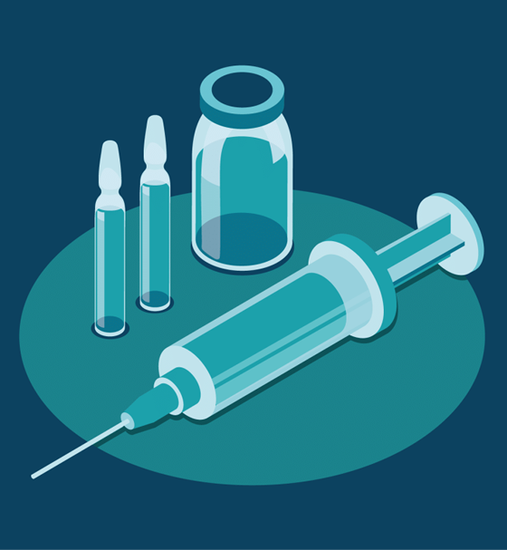 A digital illustration of a syringe, two vials of medication, and a small container.