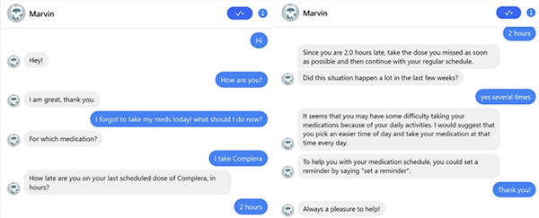 A conversation with MARVIN on forgetting to take a medication. A conversation with MARVIN on forgetting to take a medication.