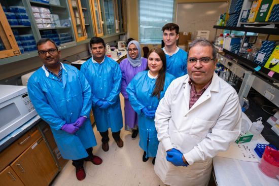 Hoshang Unwalla and his lab team: (left to right) Assistant Professor Srinivasan Chinnapaiyan, postdoctoral associate Sohanur Rahman, graduate student Maria Jose Santiago and incoming Class of 2027 medical students Manal Imran and Zachary Grand (back row), who are participating in the College of Medicine's Summer Research Fellowship Program.